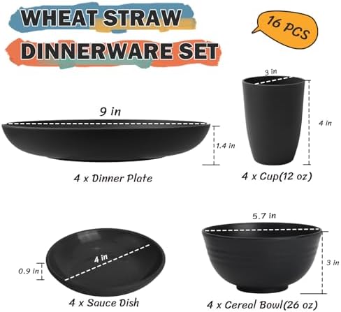 Wheat Straw Dinnerware Sets 16 PCS, Unbreakable Kids Plates and Bowls for 4-9 IN Plates, 26 OZ Cereal Bowls, 2 OZ Dipping Bowl, 12 OZ Cups, Dishwasher & Microwave Safe Plate Set - Black - Image 3