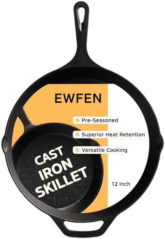 EWFEN Cast Iron Skillet 12 Inch, Pre-Seasoned Frying Pan, Heavy-Duty Professional Restaurant Chef Quality Cookware with Drip Spout, Indoor & Outdoor Use, Compatible with Oven, Stove, Grill & Campfire by EWFEN
