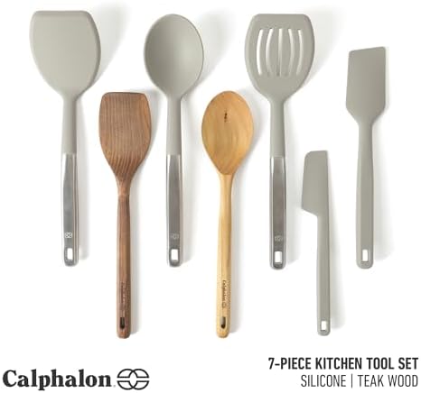 Calphalon Prime 7-Piece Silicone and Teak Wood Kitchen Tool Set, Stainless Steel Kitchen Utensil Set, Kitchen Spoon And Spatula Set, Heat Resistant Non-Slip Kitchen Gadgets Set - Taupe - Image 2