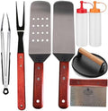 La Cuisine 8 Piece Flat Top Griddle BBQ Accessories Kit with Solid & Perforated Spatulas, Fork, Tong, Cast Iron Meat Press & Squeeze Bottles for Hibachi & Teppanyaki Cooking by LaCuisineforlife
