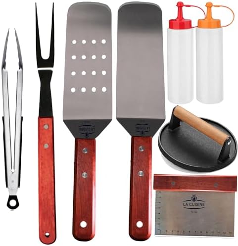 La Cuisine 8 Piece Flat Top Griddle BBQ Accessories Kit with Solid & Perforated Spatulas, Fork, Tong, Cast Iron Meat Press & Squeeze Bottles for Hibachi & Teppanyaki Cooking by LaCuisineforlife