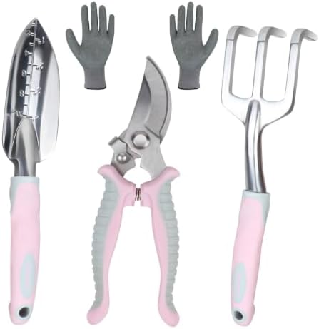 Pink Garden Tool Sets 4-Piece, Aluminum Gardening Hand Tool Kit by iHansee