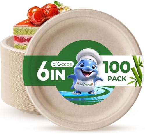 6 Inch Compostable Plates 100 Pack Heavy Duty Compostable Paper Plate, Disposable Eco-Friendly Sugarcane Bagasse Plate, Natural Brown Plates for Dinner, Dessert, and Weddings by Biocean