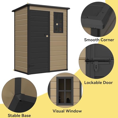 DWVO 5x3 FT Outdoor Storage Shed with Floor, All-Weather Resin Storage Shed with Lockable Door & Window, Waterproof Plastic Tool Storage for Garden, Backyard, Patio, Lawn, Brown - Image 5
