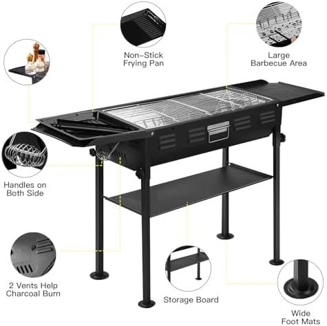 comzenz 35’’ Portable Charcoal Grill Folding BBQ Grill for Outdoor Grilling Cooking Camping Hiking Picnics Tailgating Backpacking Party, With Storage Bag & Non-Stick Frying Pan, Matte Black - Image 6