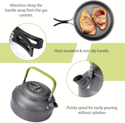 Camping Cookware Set(Green), Portable Backpacking Gear with Kettle, Pot, Pan, Cups & Foldable Cutlery, Lightweight Outdoor Cooking Kit for 2-3 People, Ideal for Hiking, Picnic & Camping - Image 7