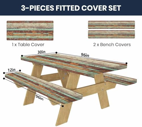 CAPSCEOLL Elastic Picnic Table Cover with Bench Covers 8ft - Windproof Scratch-Resistant Waterproof - Rustic Wood Camping Tablecloth with Drawstring Bag for RV Essentials Pet Lovers (96in, 3 PCS) - Image 2