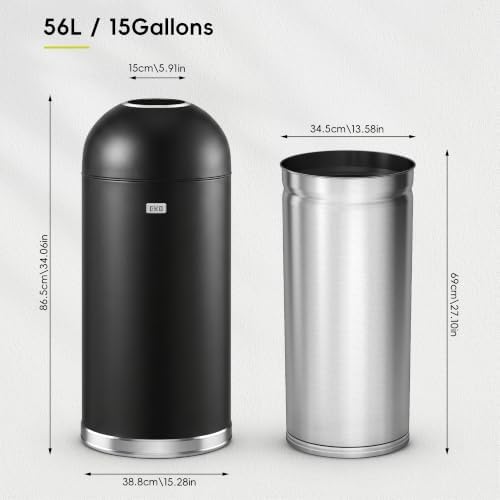 EKO Eternal 56L/15 Gallon Large Capacity Tall Commercial Trash Can, Round Open Top Waste Bin for Indoor and Outdoor, Black Steel Heavy-Duty, Durable Metal Garbage Bin for Home, Office, Restaurant - Image 3