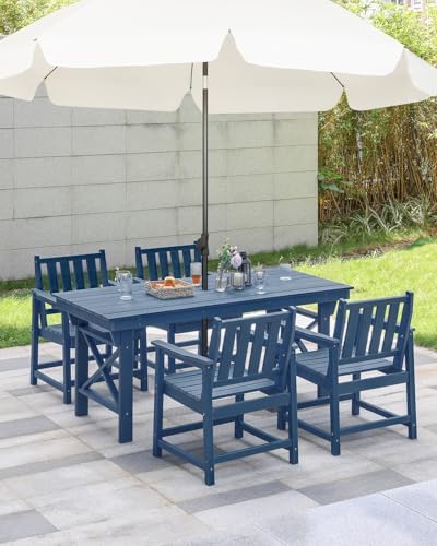 HDPE Outdoor Dining Set of 6, Patio Dining Table Set with 4 Chairs and 1 Bench, 6 Pieces HDPE Dining Set with Umbrella Hole, Outdoor Furniture Sets for Deck, Poolside, Garden, Navy - Image 4