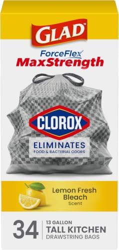 Glad ForceFlex MaxStrength with Clorox Tall Kitchen Trash Bags, 13 Gal, 34 Ct (Package May Vary) by GladTrashFoodStorage