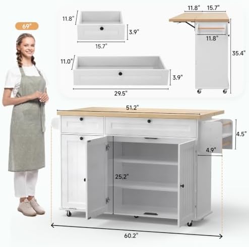 ONBRILL 60" Kitchen Island with Trash Can Storage, Rolling Island Table - Image 2