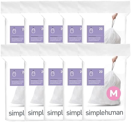simplehuman Code M 200 Count Custom Fit Liners, Drawstring Kitchen Trash Bags, One-by-One Mess-Free Dispense, Extra Thick & Double Seamed, 50% PCR Plastic, 40-45 Liter / 11-12 Gallon, White by Unknown