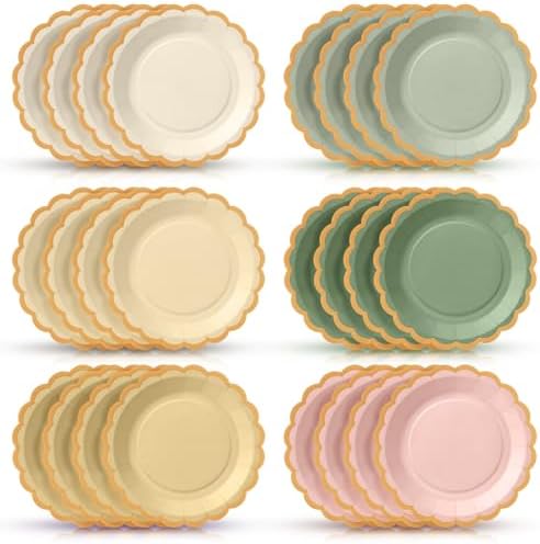 96 Pcs Sage Green and Pink Paper Plates 9 Inch Scalloped by Tiangrid