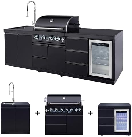 102.4 Inch Outdoor Kitchen Island, 4 Burner Propane Gas BBQ Grill 59500 BTU, 304 Stainless Steel Outdoor Grill Station with Sink, Refrigerator, Rotisserie, Storage Drawers & Cabinet, Black - Image 5