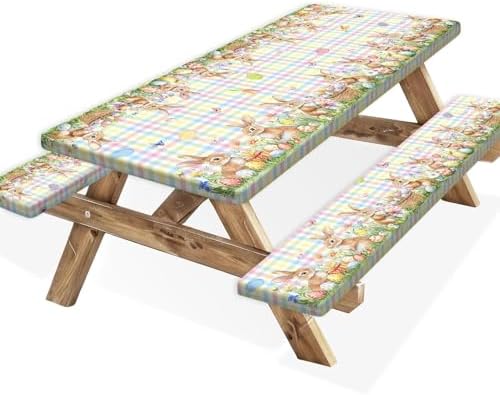 Easter Picnic Table Cover with Bench Covers, Camping Essentials, Easter Buffalo Plaid Bunny Eggs Flowers Outdoor Table Covers, Waterproof, Fitted Tablecloth Cover with Elastic Edge, 3 PCS, 30x72 Inch by Xguatan