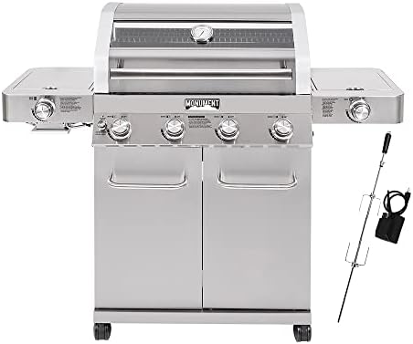 Monument Grills Larger 4-Burner Propane Gas Grills Stainless Steel Cabinet Style with Infrared Side Sear & Side Burners Knob Controls Built-In Thermometer with Stainless Steel Rotisserie Kit(2 Items) by MonumentGrills