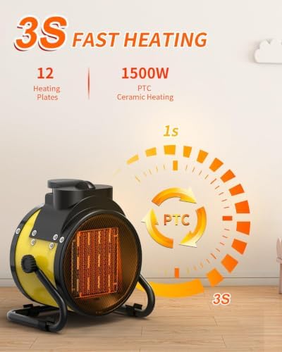 Buyplus Electric Space Heater - Outdoor Heater with Super Long Cord, Overheat Protection, Heaters Heat Up in 2 Seconds, 3 Modes, Small Fan Heater Tent Ceramic Space Heater for Patio, Yellow - Image 3