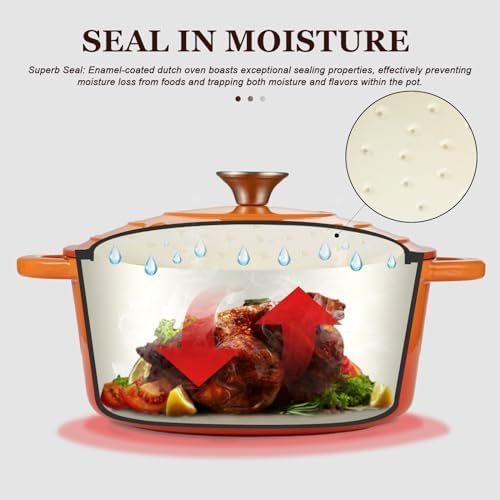 Overmont Enameled Cast Iron Dutch Oven - 7QT Pot with Lid Cookbook & Cotton Potholders - Heavy-Duty Cookware for Braising, Stews, Roasting, Sourdough Baking orange - Image 2