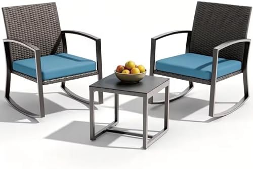 Rocking Patio Bistro Sets - All-Weather - 3 Piece Rattan Conversation Furniture Set, Wicker Outdoor Front Porch Chair for Balcony, Porch, Garden, Backyard, Poolside, Blue by Unknown
