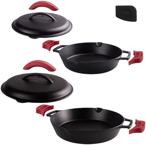 Cuisinel Cast Iron Skillet + Cast Iron Lid Set - 10+12"-Inch Dual Handle Frying Pans + Pan Scraper + Silicone Handle Covers - Preseasoned Indoor/Outdoor, Grill, Stovetop, Induction, Oven Cookware by Cuisinel