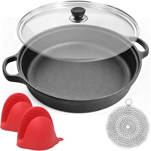 Cast Iron Skillet - Flat Bottomed Frying Pan with Assist Handles,Round Tempered Glass Lid, Cast Iron Scrubber,Silicone Oven Mitts for Stovetop,home baking ﻿ (11.8 inch) by Unknown