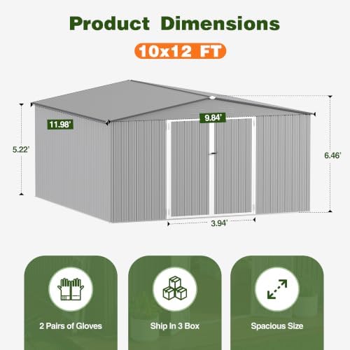 10 x 12 FT Outdoor Storage Shed, Heavy Duty Metal Shed with Lockable Double Door, 2 Magnetic Light, Sloped Roof & Vents for Garden Backyard Lawn,Gray - Image 2