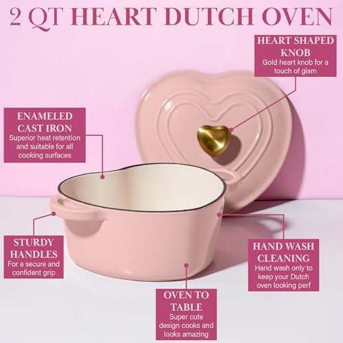 Paris Hilton Enameled Cast Iron Dutch Oven Pot with Lid, Heart-Shaped Dutch Oven, Durable Cast Iron Pot with Dual Handles, Oven Safe to 500°F, Works on All Stovetops, 2-Quart, Pink - Image 6