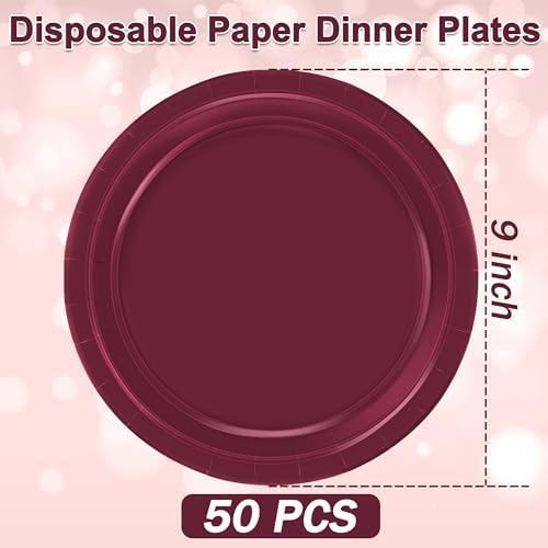 50 Count Burgundy Plates 9 Inches Round Heavy-duty Maroon Dinner Plates - Image 2