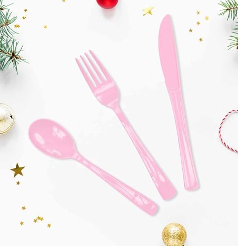 HEIPINIUYE 75 Pack Light Pink Plastic Cutlery Heavy Duty Baby Pink Plastic Knives Forks and Spoons Disposable Silverware Set for 25 Guest Camping Birthday Baby Shower Party Cutlery Set - Image 2