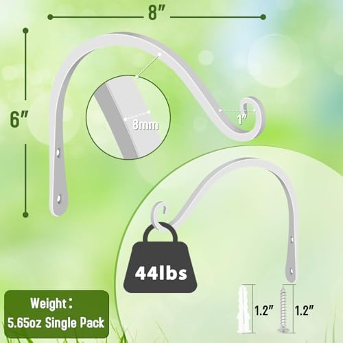 FEED GARDEN Heavy Duty Plant Hooks - 2 Pack 8 Inch Wall Mounted Hanging Brackets, 44lb Capacity Steel Plant Hangers for Bird Feeders, Baskets, Wind Chimes Outdoor Indoor- White - Image 2