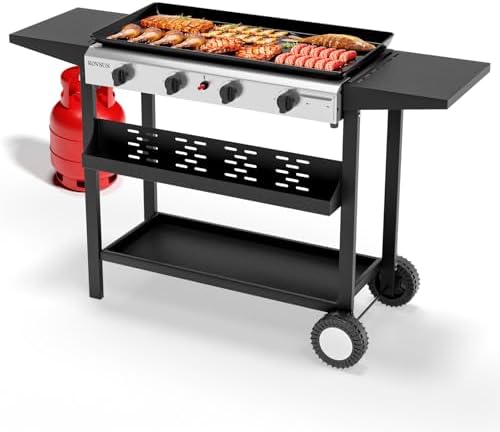 ROVSUN 4 Burner Portable Propane Griddle with Nonstick Enameled Tray, 40000 BTU Rolling Flat Top Gas Grill with Electronic Ignition, Side Shelves & Regulator for Outdoor Cooking Camping BBQ Tailgating by ROVSUN