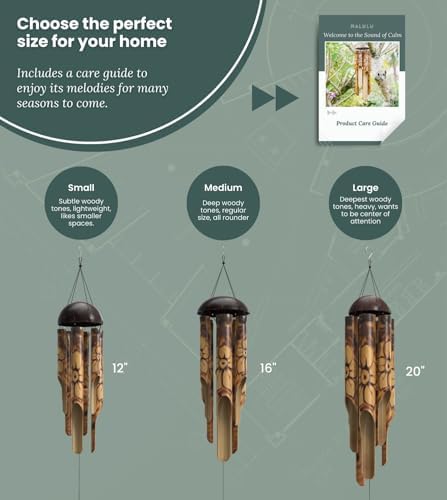 Nalulu Rustic Bamboo Wind Chimes - Outside Outdoor Wooden Windchimes, Small, Floral Burned Design with Coconut Crown, Handcrafted with Calming Deep Tones, Home Decor Ideal Gift for Him & Her - Image 5