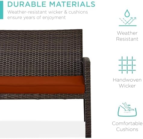 Best Choice Products 4-Piece Outdoor Wicker Patio Conversation Furniture Set for Backyard w/Coffee Table, Seat Cushions - Brown/Dark Rust - Image 3
