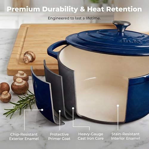 Zulay Kitchen 6.4QT Enameled Cast Iron Dutch Oven Pot with Lid, Heavy-Duty Soup Pot for Stews, Braising, Roasting & Sourdough Bread Baking, Oven Safe up to 500°F - Lapis Lazuli - Image 5