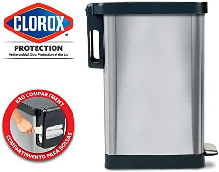 Glad Slim Trash Can with Clorox Odor Protection - Narrow Kitchen Garbage Bin with Soft Close Lid, Step On Foot Pedal and Waste Bag Roll Holder, Stainless Steel, 12 Gallon/45 Liter - Image 2