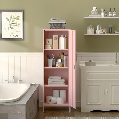 Metal Pantry Storage Cabinet Locking Storage Cabinet Office Storage Cabinet for School Gym Kitchen (Pink) - Image 2