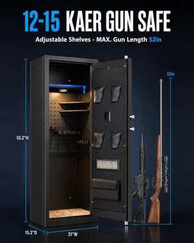 KAER Biometric Gun Safe for Rifles and Pistols, 12-15 Rifle Safe Quick Access (Fits Scoped Rifles) with 24/7 Burglar Alarm, Adjustable Shelves & Pistol Pockets, Gun Cabinet for Home, Office - Image 3