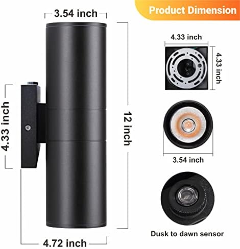DAKAFUL Dusk to Dawn Outdoor Lighting Sensor Wall Lights 4Pack, 12W 2700K Integrated LED Cylinder Up Down Lights Outdoor, IP65 Waterproof Aluminum Wall Sconce Exterior Wall Light for Porch Patio etc. - Image 5