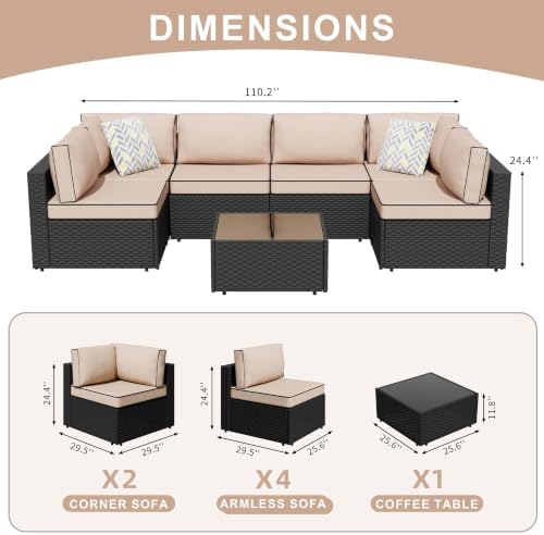 JAMFLY 7-Piece Patio Furniture Set, Outdoor Wicker Sectional Sofa with 4-Inch Thick Cushions & Coffee Table, All-Weather PE Rattan Conversation Set for Backyard, Garden, Poolside, Beige - Image 2