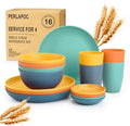 Wheat Straw Dinnerware Sets, Unbreakable Plates and Bowls Sets of 16, Kids Dinnerware Set Sevice for 4, Dishwasher & Microwave Safe Dish Set for Kitchen, Outdoor, Camping - Multi by Perlapoc