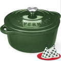 Overmont Enameled Cast Iron Dutch Oven - 5.5QT Pot with Lid Cookbook & Cotton Potholders - Heavy-Duty Cookware for Braising, Stews, Roasting, Sourdough Baking Glossy Green by Overmont