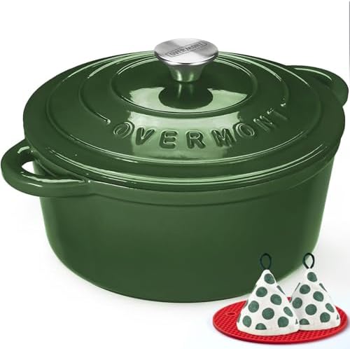 Overmont Enameled Cast Iron Dutch Oven - 4.5QT Pot with Lid Cookbook & Cotton Potholders - Heavy-Duty Cookware for Braising, Stews, Roasting, Bread Baking GlossyGreen by Overmont