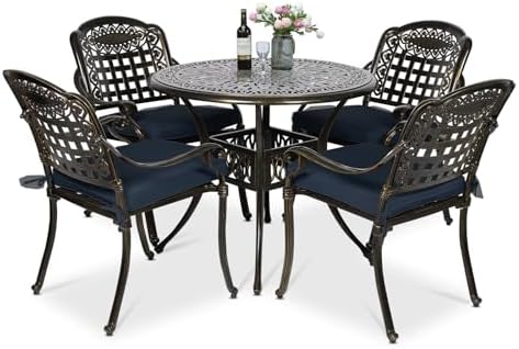 VIVIJASON 5-Piece Patio Furniture Dining Set, All-Weather Cast Aluminum Outdoor Conversation Set, Include 4 Cushioned Chairs and a 35.4" Round Table w/Umbrella Hole, Navy Blue Cushion by VIVIJASON