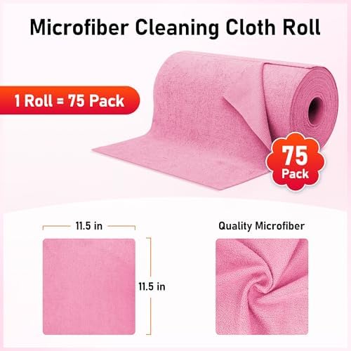 Microfiber Cleaning Cloth Roll, 75 Pack Tear Away Microfiber Towel, Reusable Washable Shop Towels, Lint Free Cleaning Rags for Car Home Kitchen Garage & Automotive 11.5"x11.5" Pink - Image 2