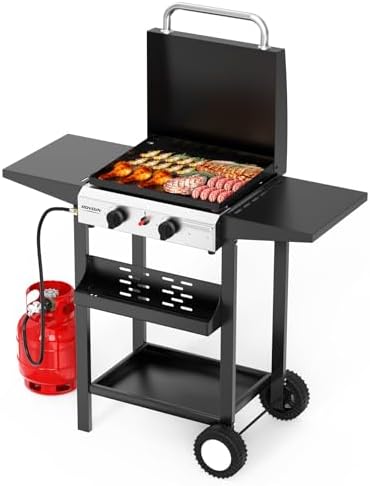 ROVSUN 2 Burner Portable Propane Griddle with Enameled Tray & Lid, 20000 BTU Rolling Flat Top Gas Grill with Electronic Ignition, Side Shelves & Regulator for Outdoor Cooking Camping BBQ Tailgating by ROVSUN