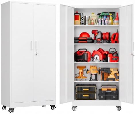 SISESOL 75" Tall White Metal Storage Cabinet with Wheels and Shelves by SISESOL