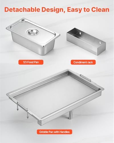 VEVOR Outdoor Propane Griddle, 2 Burners (11,600 BTU Each), Commercial Stainless Steel Gas Griddle Cart with 4 Lockable Wheels, 1/3 Food Pan, Easy-Grip Side Handle, Ideal for Hot Dogs, Burgers & Meats - Image 7