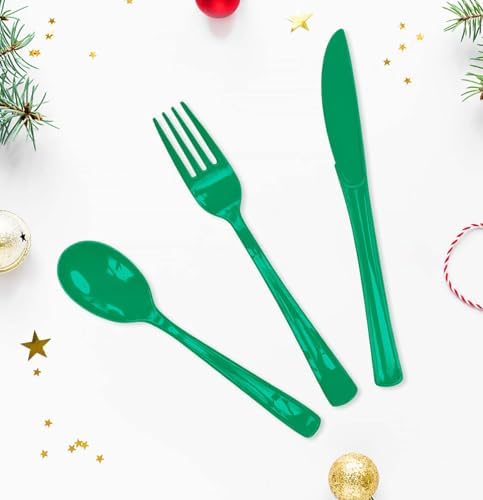 HEIPINIUYE 75 Pack Green Plastic Cutlery Heavy Duty Green Plastic Knives Forks and Spoons Disposable Silverware Set for 25 Guest Camping Birthday Baby Shower Party Cutlery Set - Image 2