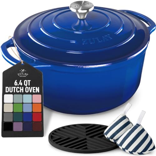 Zulay Kitchen 6.4QT Enameled Cast Iron Dutch Oven Pot with Lid, Heavy-Duty Soup Pot for Stews, Braising, Roasting & Sourdough Bread Baking, Oven Safe up to 500°F - Blue by ZulayKitchen