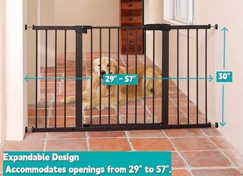 55.98"-58.15" Baby and Pet Safety Gate, 30" Tall Metal Walk-Thru Gate for Doorways & Stairs, Easy One-Hand Open, Dual Lock, Extensions & Wall Mounts Included (Brown, 29"-57" W x 30.5“H) - Image 2